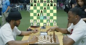 This image is about NFL players playing Chess