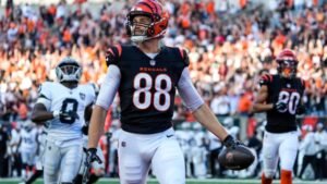 This image is about Mike Gesicki celebrates after making a play for the Cincinnati Bengals during an NFL game.
