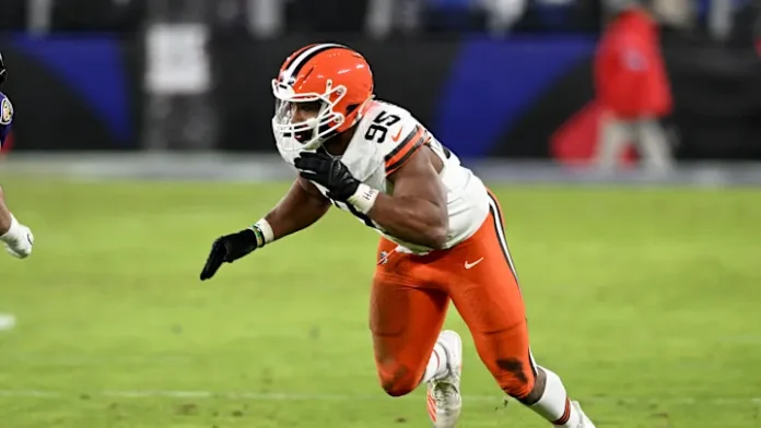 This image is about Myles Garrett in action for the Cleveland Browns during an NFL game.