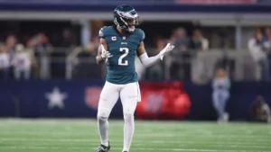 This image is about "Darius Slay reacts on the field, showcasing his elite defensive skills for the Eagles."